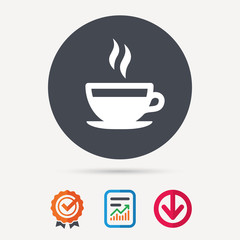 Coffee cup icon. Hot tea drink symbol. Report document, award medal with tick and new tag signs. Colored flat web icons. Vector