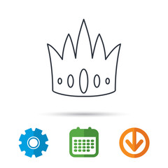 Crown icon. Royal king hat sign. VIP symbol. Calendar, cogwheel and download arrow signs. Colored flat web icons. Vector
