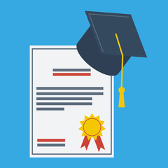 Graduation cap and paper Graduation Award flat design icon
