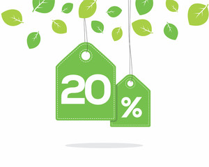 Vector green hanging price tag labels with 20% text on them and with shadow on white background with leaves. For spring sale campaigns. 