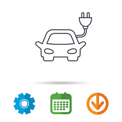 Electric car icon. Hybrid auto transport sign. Calendar, cogwheel and download arrow signs. Colored flat web icons. Vector