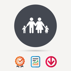 Family icon. Father, mother and child symbol. Report document, award medal with tick and new tag signs. Colored flat web icons. Vector