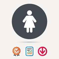 Woman icon. Female human symbol. User sign. Report document, award medal with tick and new tag signs. Colored flat web icons. Vector