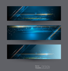 Abstract banners set with image of speed movement pattern and motion blur over dark blue color. Science, futuristic, energy technology concept. Vector background for web banner template or brochure