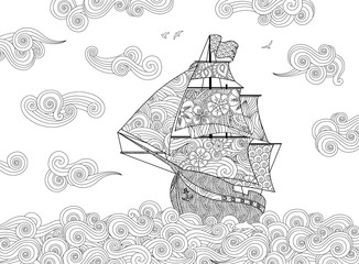 Contour image of sailing ship on the wave in zentangle inspired doodle style. Horizontal composition. - 139551480