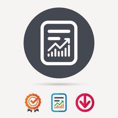 Report file icon. Document page with statistics symbol. Report document, award medal with tick and new tag signs. Colored flat web icons. Vector