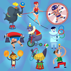 Circus performers. Isolated people and animals doing tricks