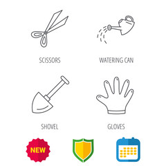 Scissors, shovel and gloves icons. Watering can linear sign. Shield protection, calendar and new tag web icons. Vector