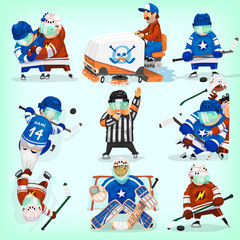 Set of hockey players in different positions and situations playing on ice. Illustrations for hockey championship