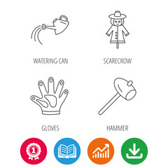 Hammer, scarecrow and watering can icons. Gloves linear sign. Award medal, growth chart and opened book web icons. Download arrow. Vector