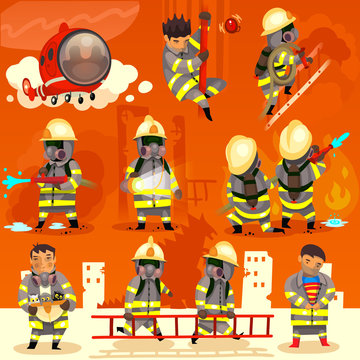 Set of cartoon fireman doing their job and saving people in dangerous situations