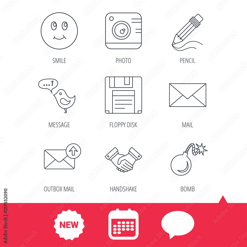 Poster photo camera, pencil and handshake icons. inbox e-mail, message speech bubble and smile linear signs