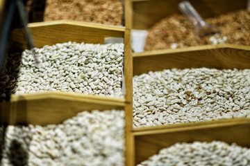 Market Bazaar Showcase With Wide Range Of Varicolored Sorts Of Raw Dry Beans
