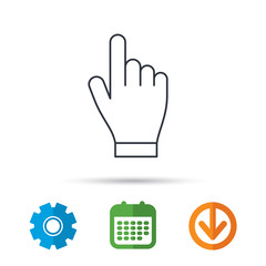 Obraz premium Click hand icon. Press or push pointer sign. Calendar, cogwheel and download arrow signs. Colored flat web icons. Vector