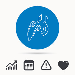 Headphones icon. Musical notes signs. Calendar, attention sign and growth chart. Button with web icon. Vector