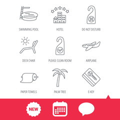 Fototapeta premium Hotel, swimming pool and beach deck chair icons. E-key, do not disturb and clean room linear signs. Paper towels, palm tree and airplane icons. New tag, speech bubble and calendar web icons. Vector