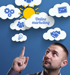 Business, Technology, Internet and marketing. Young businessman thinking about: Online marketing