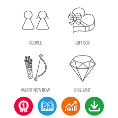 Couple, brilliant and engagement gift box icons. Valentine amour arrows linear signs. Award medal, growth chart and opened book web icons. Download arrow. Vector