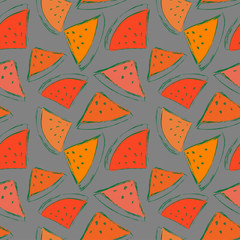 Seamless pattern with hand drawn cute watermelons. Vector illustration 