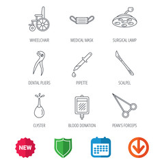 Medical mask, scalpel and dental pliers icons. Pipette, surgical lamp and wheelchair linear signs. Blood donation, clyster and drop flat line icons. New tag, shield and calendar web icons. Vector