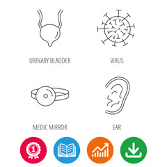 Virus, urinary bladder and ear icons. Medical mirror linear signs. Award medal, growth chart and opened book web icons. Download arrow. Vector