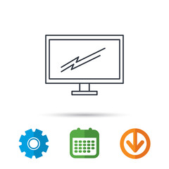 PC monitor icon. Led TV sign. Widescreen display symbol. Calendar, cogwheel and download arrow signs. Colored flat web icons. Vector