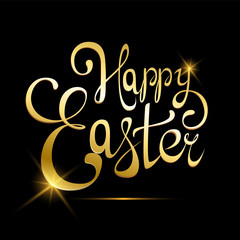 Happy Easter golden lettering. Greeting card or poster for holiday, letters made of gold. Abstract shining handmade calligraphy on black background. Vector illustration.