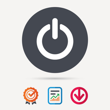 On, off power icon. Energy switch symbol. Report document, award medal with tick and new tag signs. Colored flat web icons. Vector