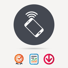 Cellphone icon. Mobile phone communication symbol. Report document, award medal with tick and new tag signs. Colored flat web icons. Vector