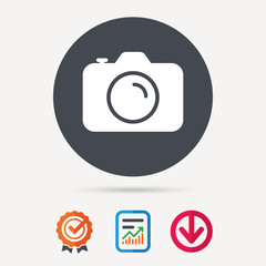 Camera icon. Professional photocamera symbol. Report document, award medal with tick and new tag signs. Colored flat web icons. Vector