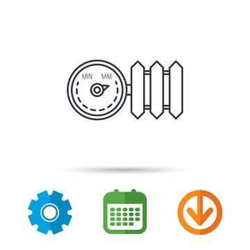 Radiator with regulator icon. Heater sign. Calendar, cogwheel and download arrow signs. Colored flat web icons. Vector