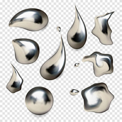 Chrome metal droplet set realistic isolated on white background