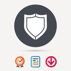 Shield protection icon. Defense equipment symbol. Report document, award medal with tick and new tag signs. Colored flat web icons. Vector