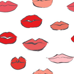 Seamless pattern with red and pink lips on white background. Vector illustration 