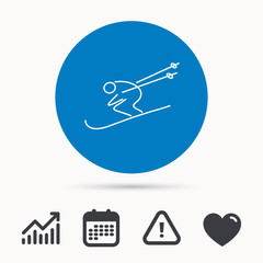 Skiing icon. Skis jumping extreme sport sign. Speed competition symbol. Calendar, attention sign and growth chart. Button with web icon. Vector