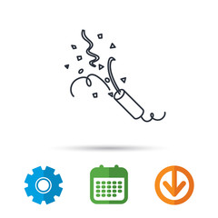 Shooting slapstick icon. Celebration sign. Calendar, cogwheel and download arrow signs. Colored flat web icons. Vector