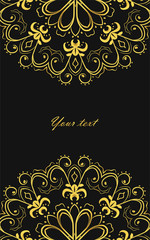 Greeting or invitation card with golden mandalas on black background. Vector background.