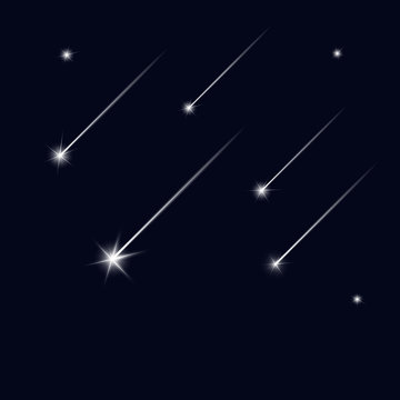 Falling stars on black sky. Shooting star. Light of falling meteorite in the galaxy. Vector  cosmos illustration.