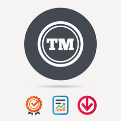 Registered TM trademark icon. Intellectual work protection symbol. Report document, award medal with tick and new tag signs. Colored flat web icons. Vector