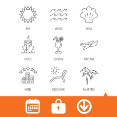 Fototapeta premium Cruise, waves and cocktail icons. Hotel, palm tree and shell linear signs. Airplane, deck chair and sun flat line icons. Download arrow, locker and calendar web icons. Vector