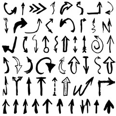 Set with different black watercolor arrows. Hand drawn illustration, vector elements 