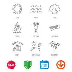 Cruise, waves and cocktail icons. Hotel, palm tree and shell linear signs. Airplane, deck chair and sun flat line icons. New tag, shield and calendar web icons. Download arrow. Vector
