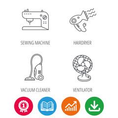 Ventilator, sewing machine and hairdryer icons. Ventilator linear sign. Award medal, growth chart and opened book web icons. Download arrow. Vector