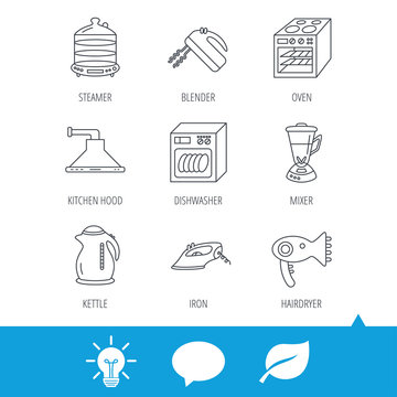 Dishwasher, kettle and mixer icons. Oven, steamer and iron linear signs. Hair dryer, blender and kitchen hood icons. Light bulb, speech bubble and leaf web icons. Vector