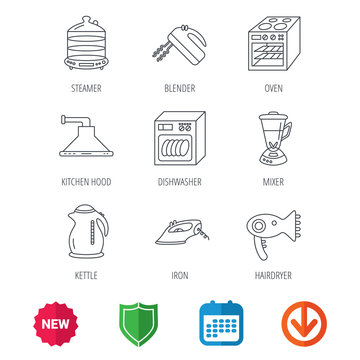 Dishwasher, kettle and mixer icons. Oven, steamer and iron linear signs. Hair dryer, blender and kitchen hood icons. New tag, shield and calendar web icons. Download arrow. Vector