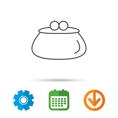 Vintage wallet icon. Cash money bag sign. Calendar, cogwheel and download arrow signs. Colored flat web icons. Vector