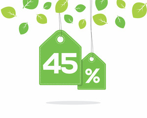 Vector green hanging price tag labels with 45% text on them and with shadow on white background with leaves. For spring sale campaigns. 