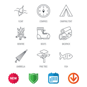 Pine tree, fishing float and hiking boots icons. Compass, umbrella and bonfire linear signs. Camping tent, fish and backpack icons. New tag, shield and calendar web icons. Download arrow. Vector