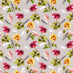Roses and feathers. Seamless pattern. Watercolor