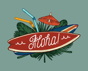 aloha surfing tropical cocktail vacation print - obrazy, fototapety, plakaty